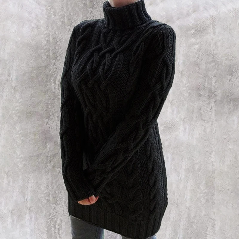 2026 New Women\'s Autumn and Winter Turtleneck Sweater Dress Solid Color Warm Clothes Knitted Pullover Sweater Dress Fashion  258