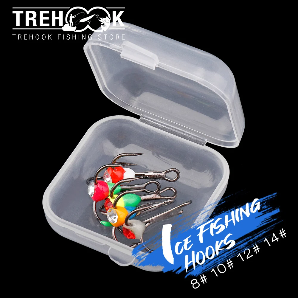 خطافات صيد موازن 5 قطع من تريهوك 8 # 10 # 12 # 14 # خطافات من الفولاذ الكربوني لصيد الأسماك في الشتاء معالجة مع علبة بلاستيكية #1