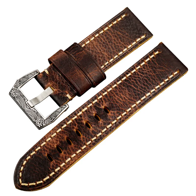 Hand-folded cowhide leather Watchband  for PAM111 20 22 24 26MM men\'s discolored brown retro style raw leather strap