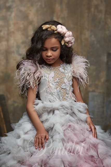 Ombre Feather Flower Girl Dresses Beaded Ruffles Jewel Neck Gilrs Pageant Dress Little Kids First Communion Dress AliExpress 320