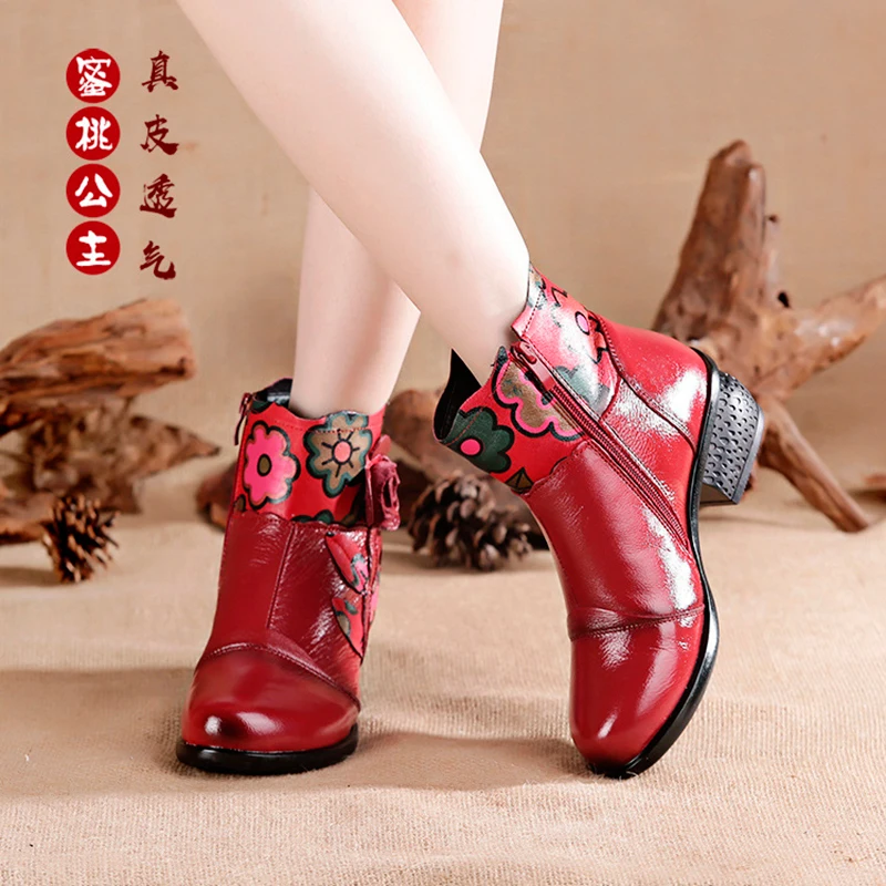 Xiuteng Retro Bohemian Women Boots Printed Genuine Leather Ankle Boots Vintage Motorcycle Booties Ladies Shoes Woman 2022