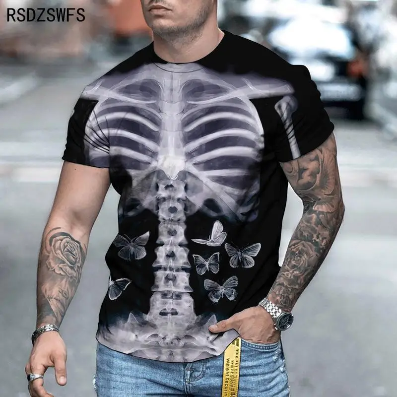 Футболка мужская с 3D-принтом, модная тенниска из полиэстера с круглым вырезом и коротким рукавом, повседневная майка с принтом черепа, 5XL, на лето