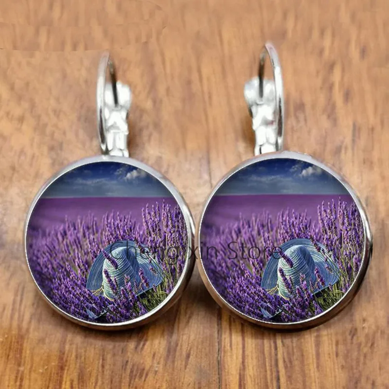 New beautiful purple lavender flowers and plants round glass convex dome earrings jewelry