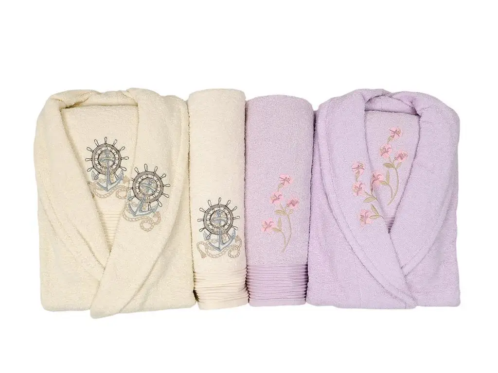 Scar Embroidered 100 Cotton 4 Piece Bathrobes Set White Powder