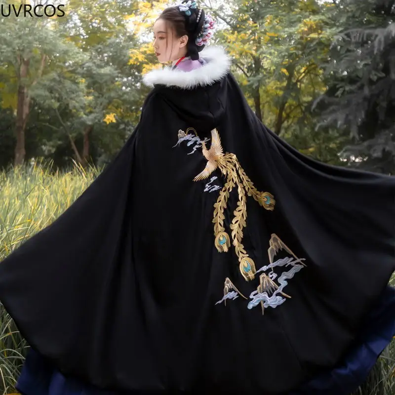 Oriental Ancient Black Hanfu Cloak Women Chinese Style Princess Costume Female Autumn Winter Warm Embroidery Hooded Cape Coat