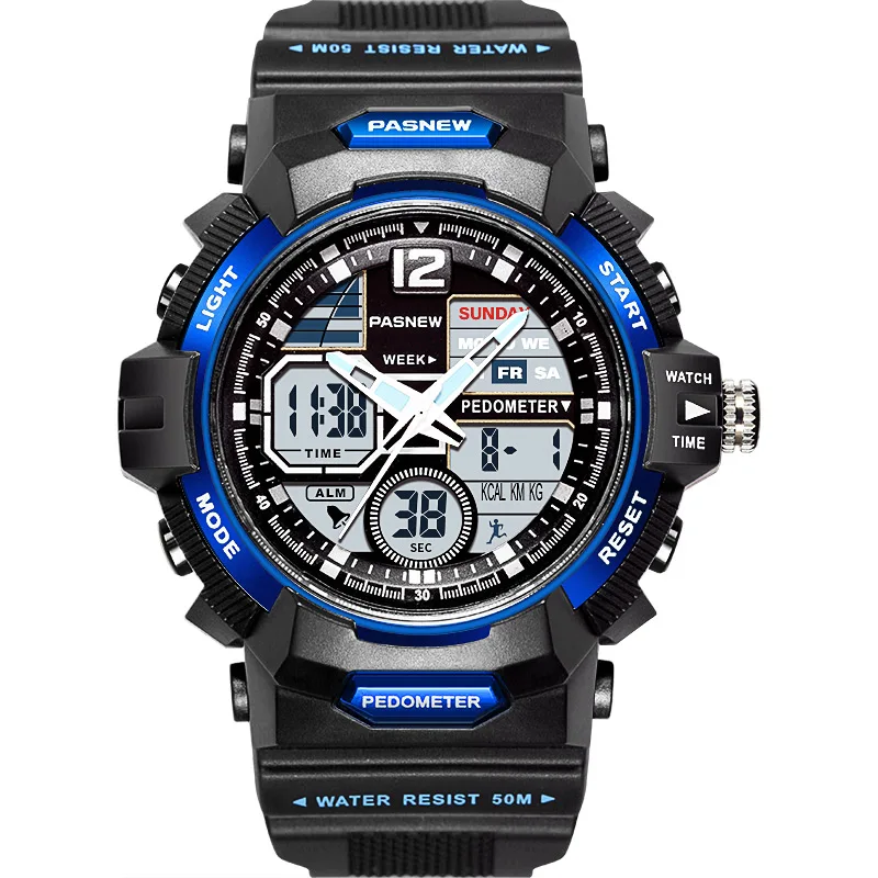 PASNEW-Reloj deportivo para hombre, pulsera de cuarzo Digital analógica de doble pantalla, resistente al agua, 50