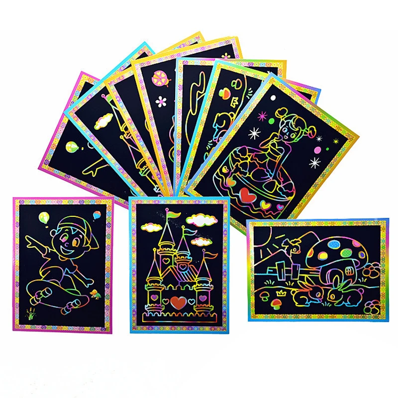 5 Stks/set Cartoon Kleur Scratch Boek Voor Kinderen Creatieve Diy Magic Rainbow Schrapen Papier Graffiti Schilderen Kaart Met Stok