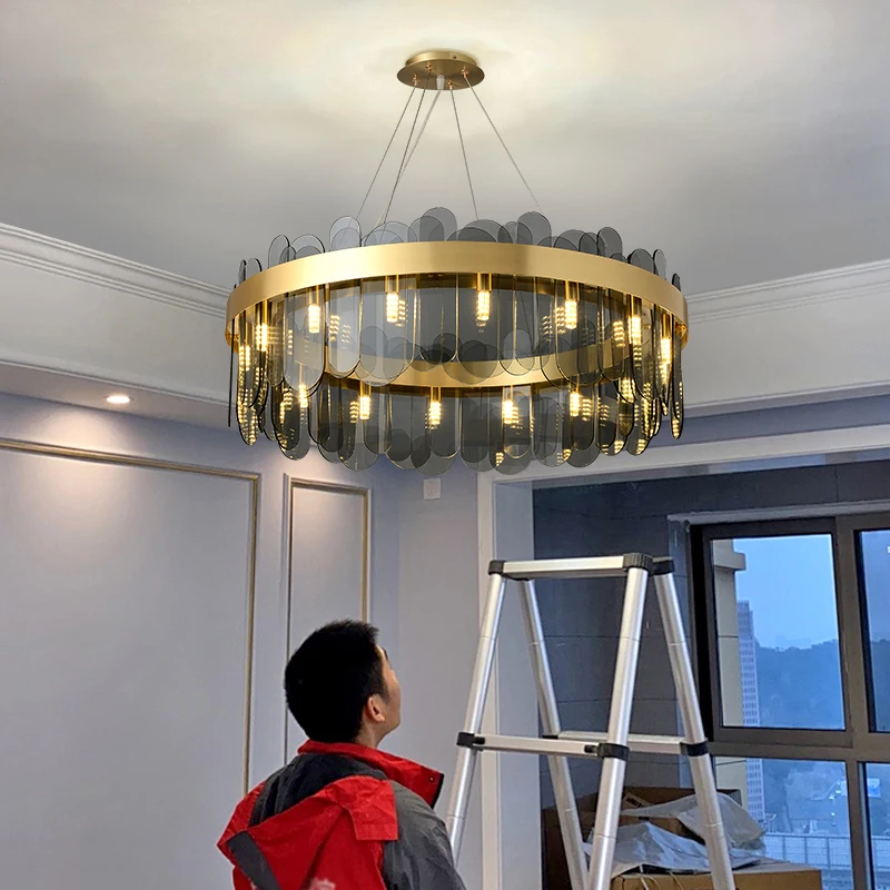 Postmodern Circular Living Room Dark Green Glass Chandelier Model Villa Fashion Nordic Creative Square Lamps