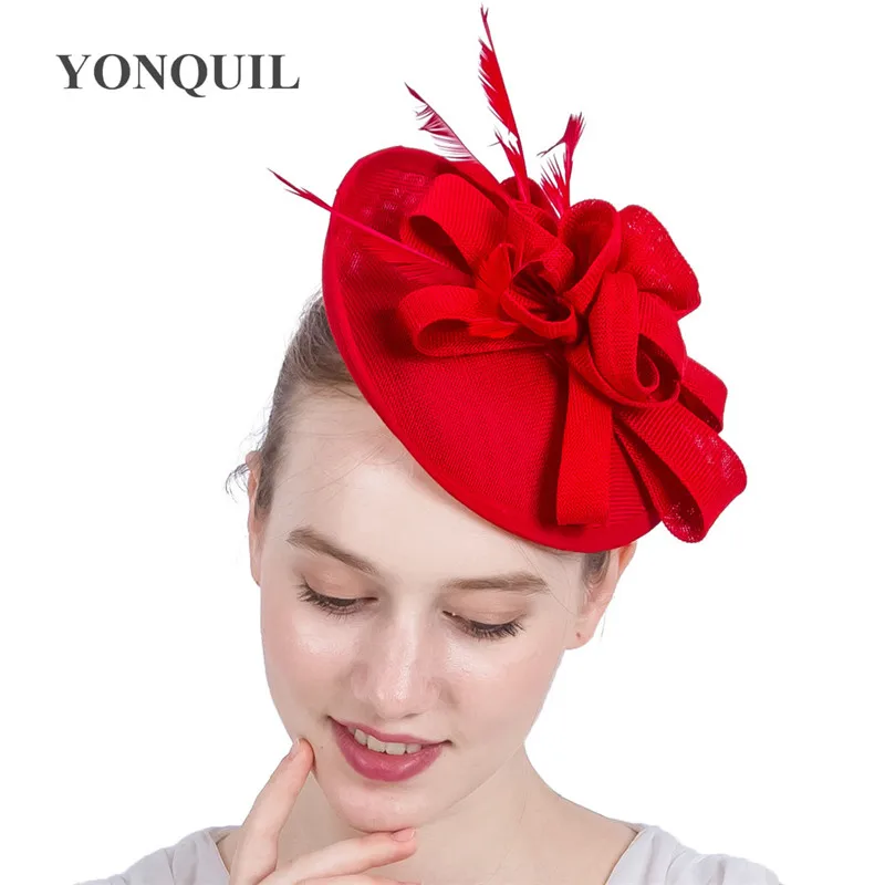 Red Ladies Imitation Sinamay Fascinator Hat Handmade Headband Party Hair Lady Wedding Church Cocktail Occasion Event Headwear