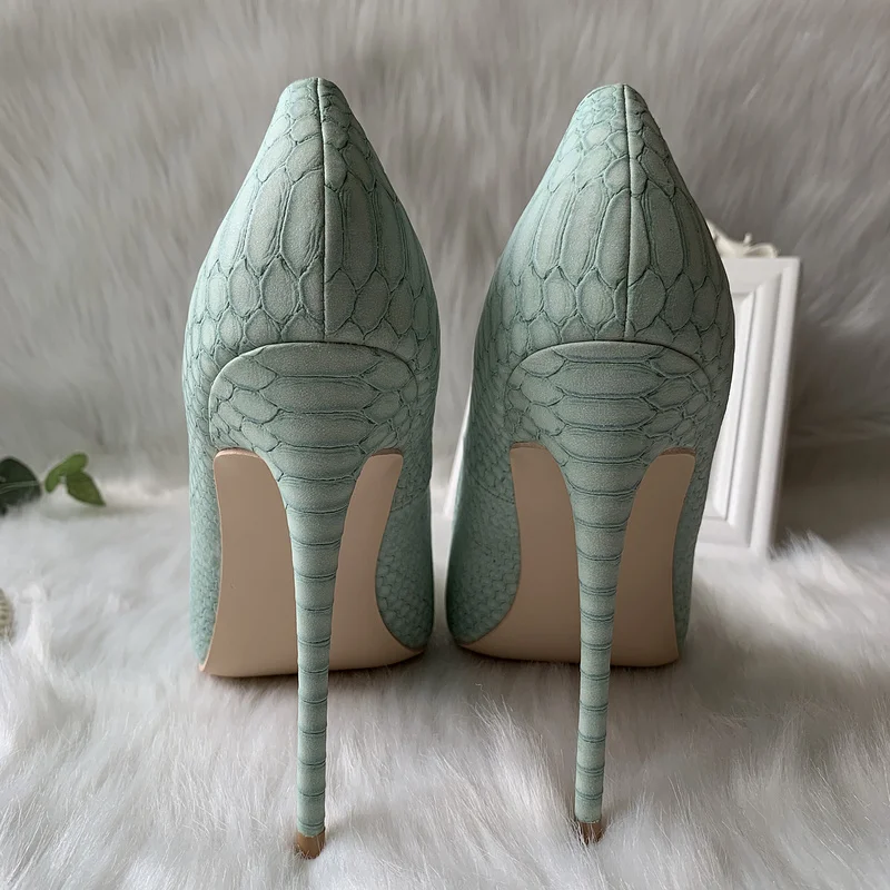 2023new designer factory outlet custom made light green snake python pointed toe 120mm sexy high heel shoes pump big size 12