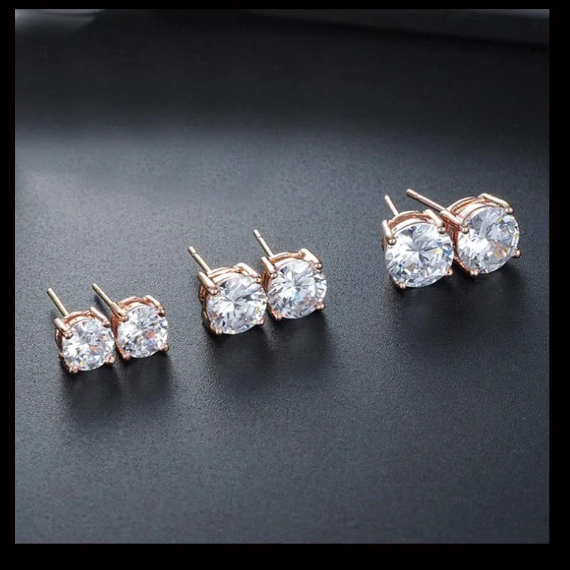 Wholesale Jewelry -- 4 Claws Single Round Clear CZ Stud Earrings for Women Rose Gold Color AAA+ Cubic Zircon