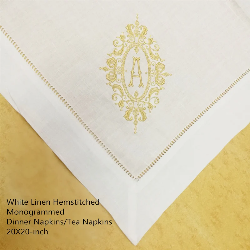 Set of 12 Excellent Monogrammed Dinner Napkins White Hemstitch Linen Table Napkins 20x20\