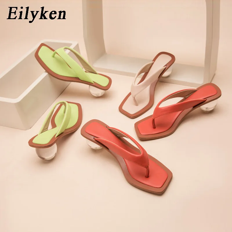 Eilyken Square Head Pinch Slippers Crystal Transparent Ball Low Heel Clear Women Flip Flops Slides Fashion Design Green Size 43