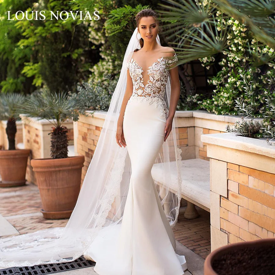 Louis Novias Gợi Cảm Người Yêu Thời Trang Hở Lưng Nàng Tiên Cá Áo Cưới Lãng Mạn Appliques Ngắn Áo Cưới Đầm Vestido De Novia