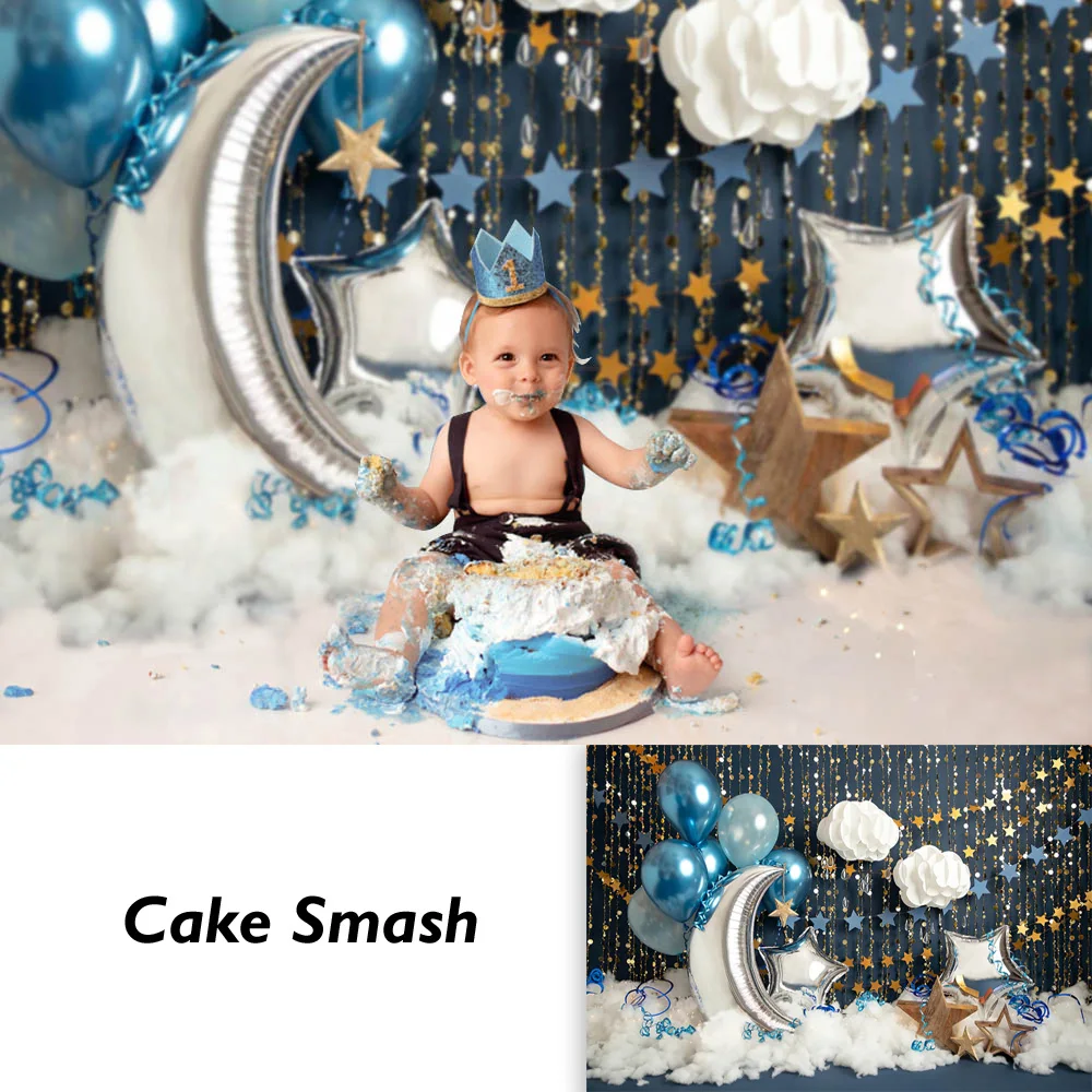 

Twinkle Twinkle Little Star Cake Smash Backdrop Newborn Kids Birthday Cake Smash Portrait Photoshoots Blue Balloons and Clouds