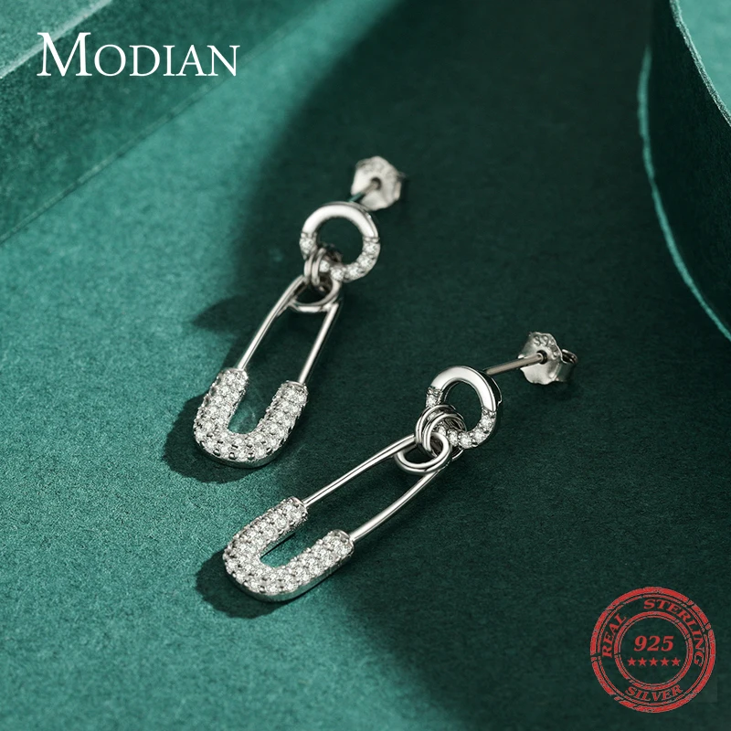 Modian 925 Sterling Silver Earring For Women Girls Dazzling Swing Pin Clear CZ Stud Earrings Trendy Brooch Wedding Fine Jewelry