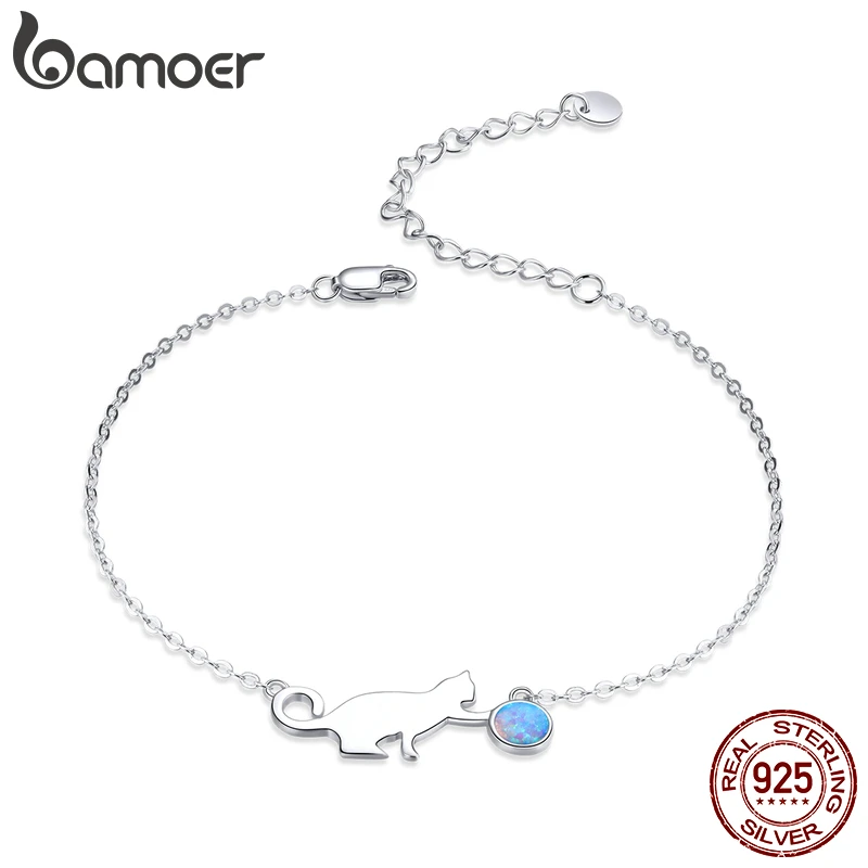 Bamoer Authentic 925 Sterling Silver Cute Pussy Cat Opal Link Bracelet for Women Luxury Fine Jewelry Female Gifts SCB175