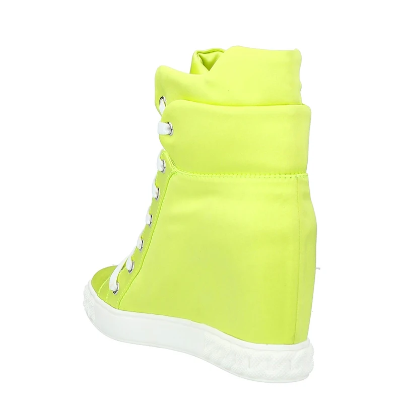 Bright Fluorescein Height Increasing High Top Sneaker Neon Yellow Lace Up Ankle Booties Women Inner Wedge Heel Casual Shoes