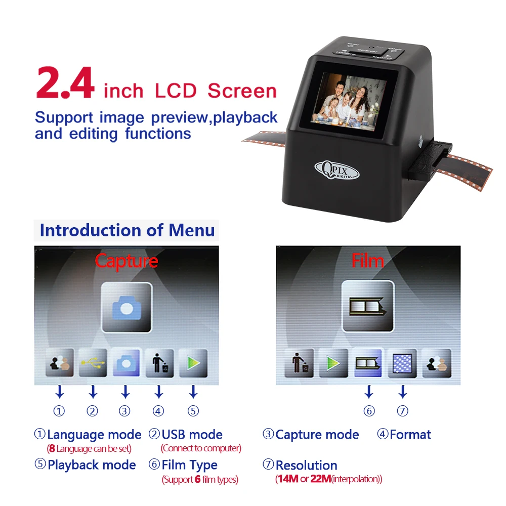 Portable Digital Film Scanner Convert 35mm 135 110 126KPK Super 8 Slides & Negatives to 22 Mega Pixels JPEG 2.4\