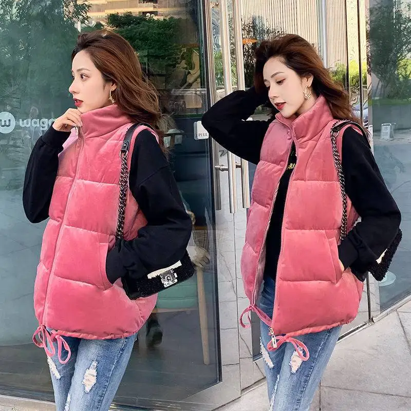 Women Down Cotton Vest Fall Winter Loose Golden Velvet Cotton Waistcoat Warm Cotton Padded Puffer Vests Sleeveless Parkas Jacket