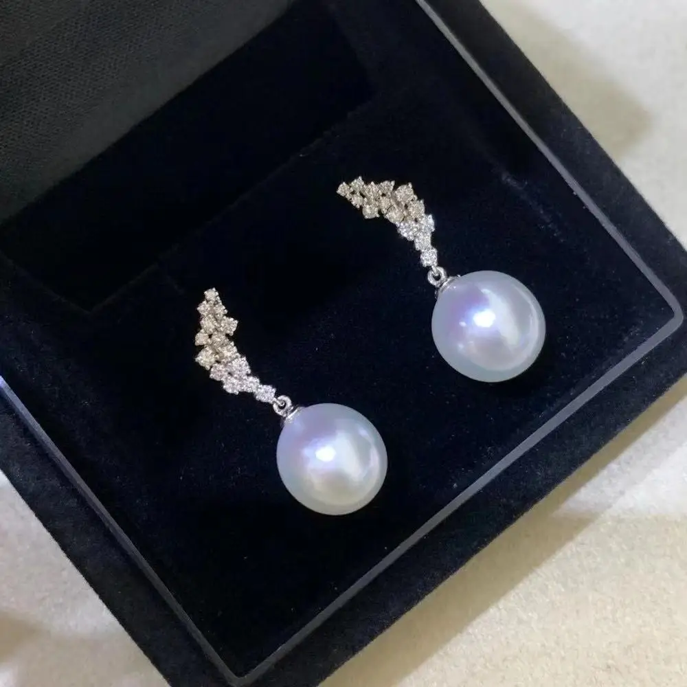 

M1122 Solid 925 Sterling Silver Round 11-12mm Nature Fresh Water White Pearls Drop Dangle Earrings for Women Gift