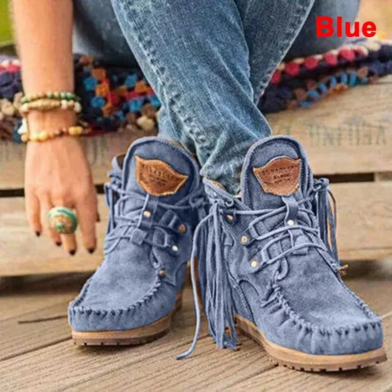 Women Ankle Boots Retro Medieval Faux Suede Leather Tassel Short Boot  Round Toe Western Cowboy Boots Casual Shoes Size 43