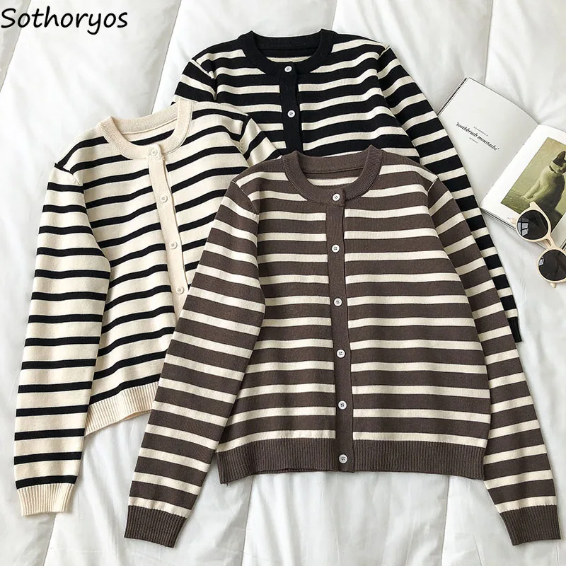 Women Cardigan Striped Sweaters Spring Retro O-neck Elegant All-match Long Sleeve Knitted Korean Style Female Trendy Outwear Ins