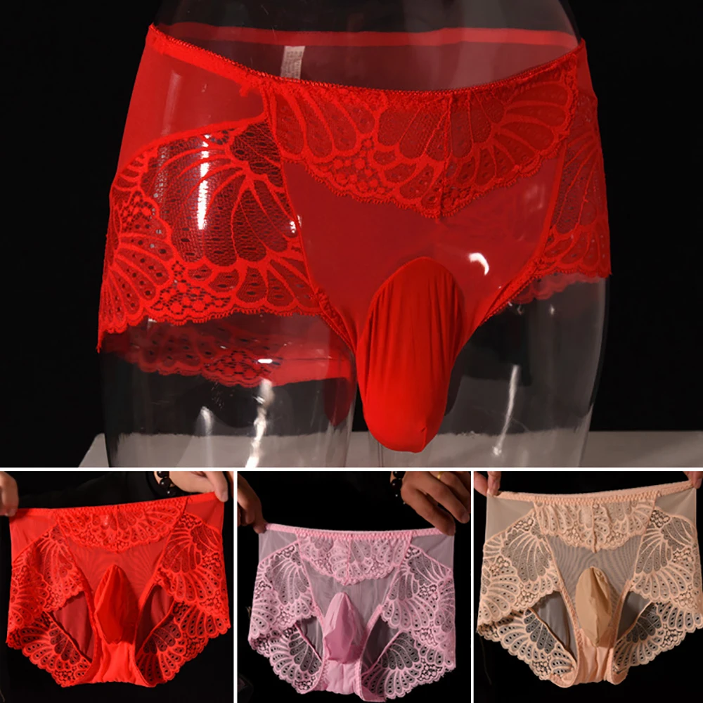 Men\'s Sexy Low Rise Lace Breathable Briefs See Through Underwear Pouch Panties Men Sexy Lace Transparent Personal Briefs Bikini