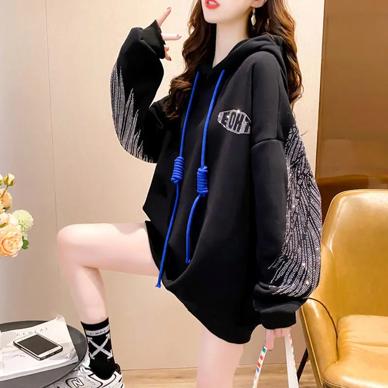 Diamond-studded Sweater Women\'s Tide Ins Autumn and Winter Clothing 2021 New Version Loose Plus Velvet Thick Long-sleeved Jacket