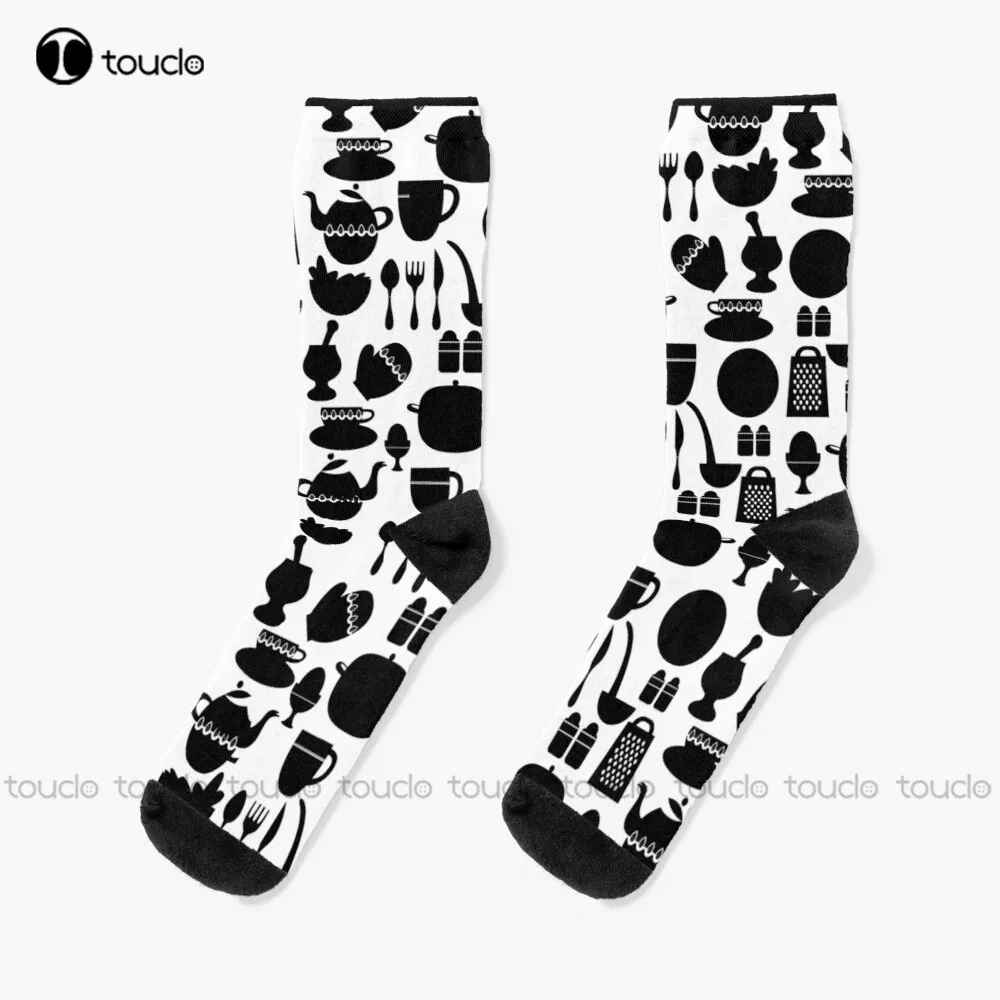 

Black And White Vintage Inspired Kitchen Equipment Socks Unisex Adult Teen Youth Socks Personalized Custom 360° Digital Print