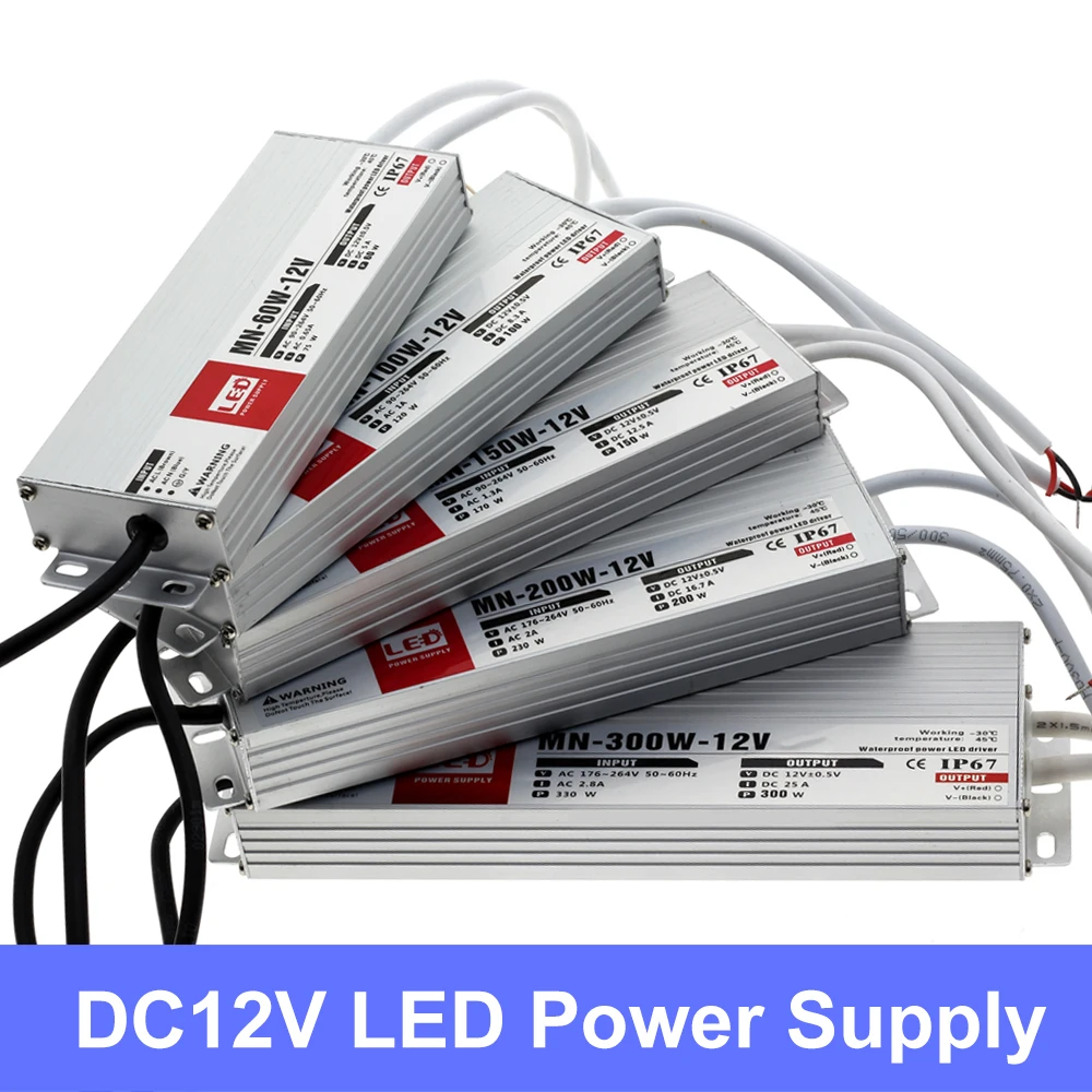 IP67 Waterproof Switching Power Supply DC12V 24V 10W 30W 60W 100W 150W 200W 300W Lighting Transformers for Outdoor Lights Driver