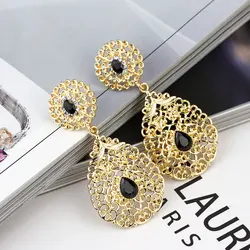 Sunspicems Gold Color Morocco Earring For Women Arabic Bride Wedding Jewelry Crystal Drop Earring Hollow Arabesque Muslim Bijoux