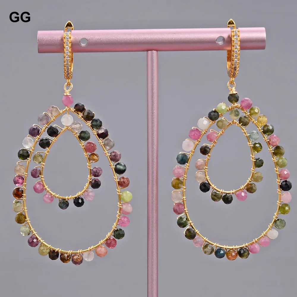 GuaiGuai Jewelry Natural Teardrop Multi Color Tourmaline Cz pave Lever back Dangle Earrings