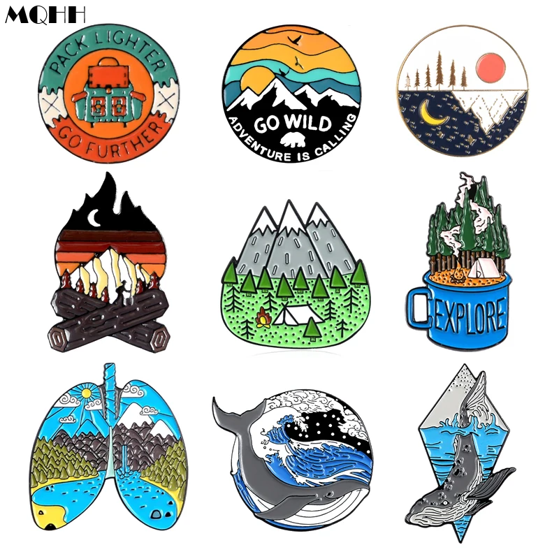 cartoon round sun sunrise mountain peak bird fire pin nature woods sea wave whale enamel brooch badge punk jewelry gift for kid