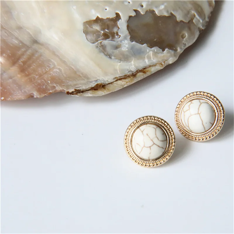 2020  New Vintage Round Marble Opal Stone Big Stud Earrings For Women Fashion Temperament Simulated Pearl earrings