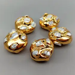 5 pcs Freshwater Cultured White Keshi Pearl Beads Gold Plated Coin Beads