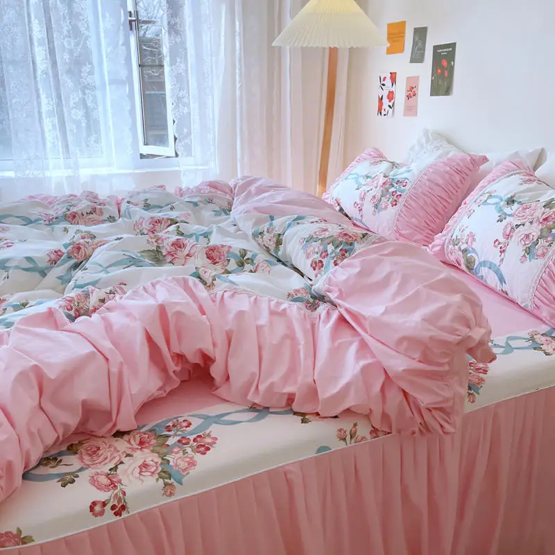 Pastoral Flowers Printed Bedding Set, Pink Lace Ruffle, Princess Duvet Cover, Bedspread, Bed Skirt, Pillowcases, 100% Cotton