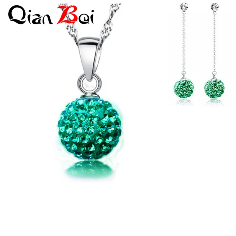 QianBei New Arrival13 Color 10MM Pendant Necklace Earrings Ball Crystal Earring Necklace Set For Women Fashion Jewelry Gifts