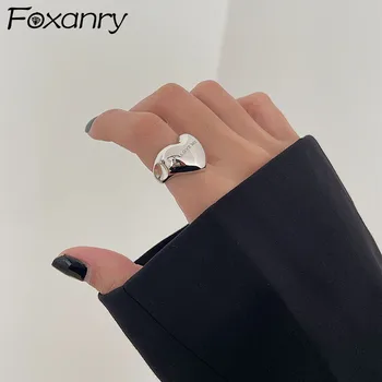 FOXANRY-anillos de Color plateado para mujer, accesorios de moda, elegante, Simple, liso, corazón de amor, joyería para fiesta, regalos de cumpleaños