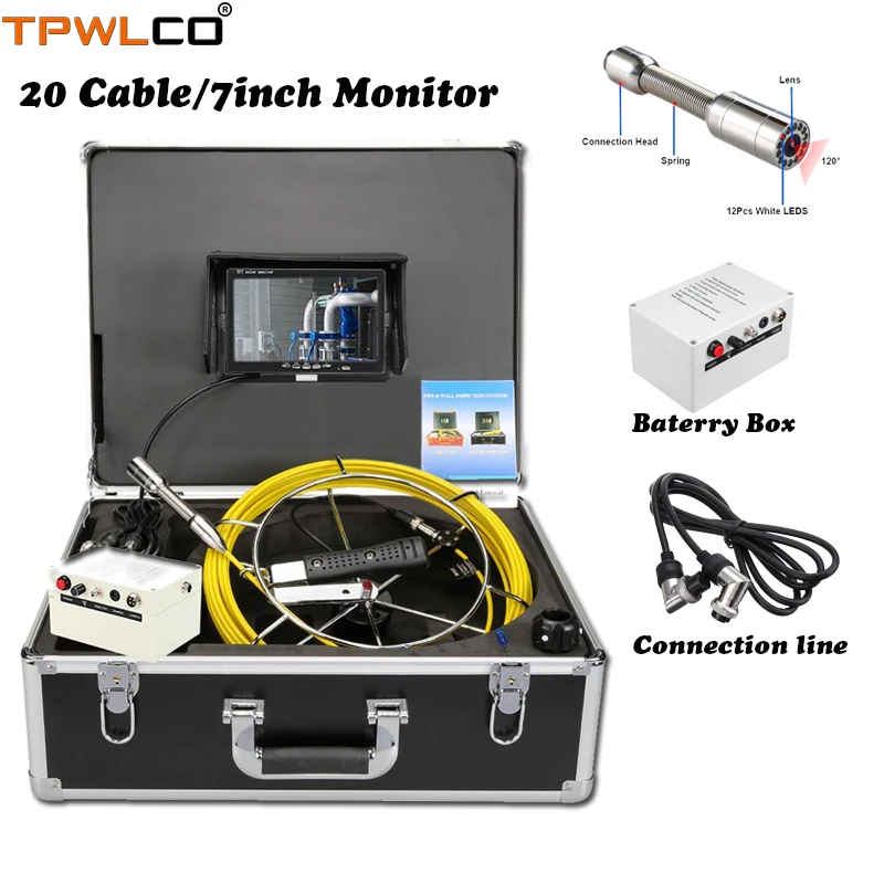 

7" LCD TFT Pipe Sewer Endoscope Inspection System With DVR Recorder 20m Cable 23mm IP68 Waterproof Drain Industrial Video Camera