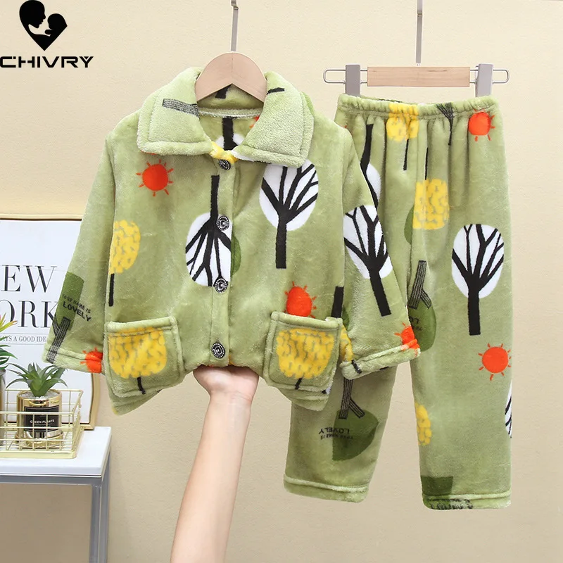 New 2021 Kids Boys Girls Autumn Winter Flannel Pajama Sets Cute Cartoon Long Sleeve Lapel Tops with Pants Sleeping Clothing Sets