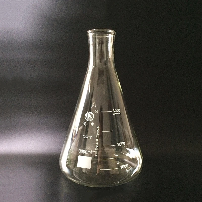 

Big B Conical flask,Wide spout with graduations,Capacity 3000ml,O.D. of neck 54mm,Erlenmeyer flask with normal neck.