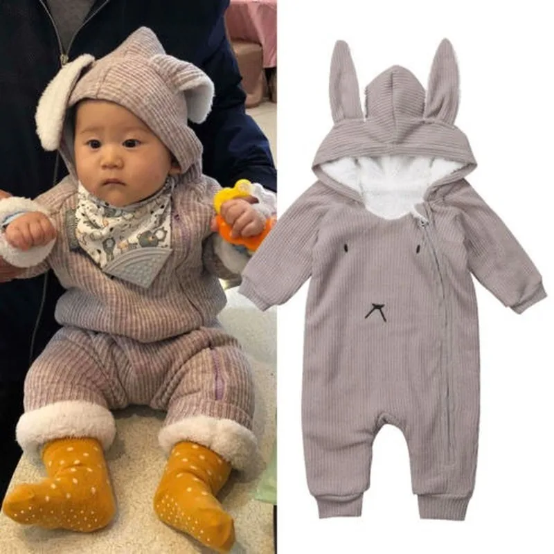 Baby Winter Clothes Warm Jumpsuit Newborn Infant Baby Boy Girl Cartoon Hooded 3D Ear Romper Jumpsuit Clothes Christmas Costume