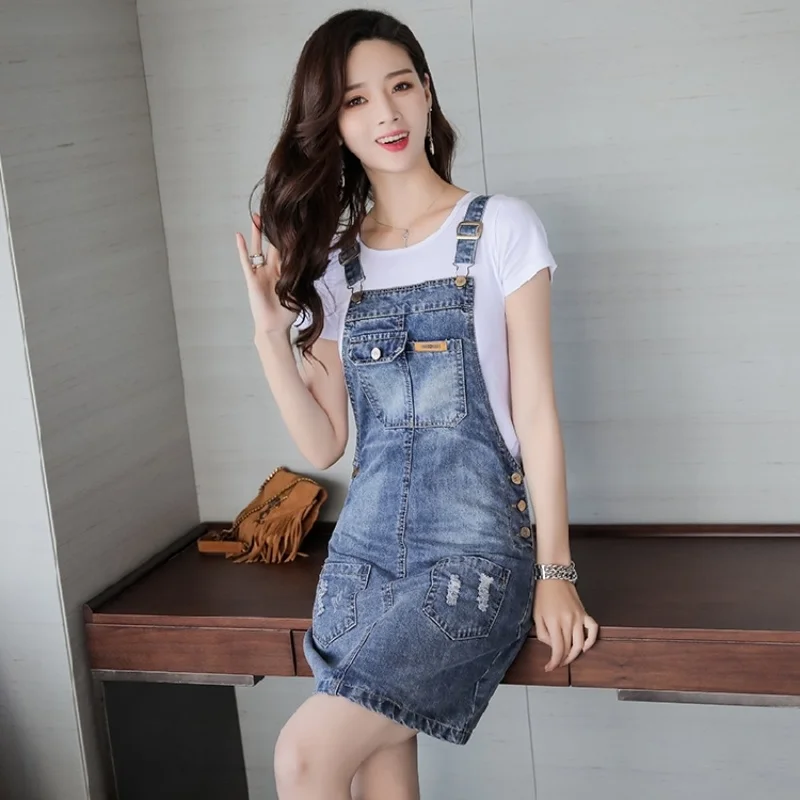 

Denim Sweet Spaghetti Strap Dress Women Summer Slim Wrap A-Line Knee-Length Dress + White Short Sleeve Tshirt 2 Piece Set