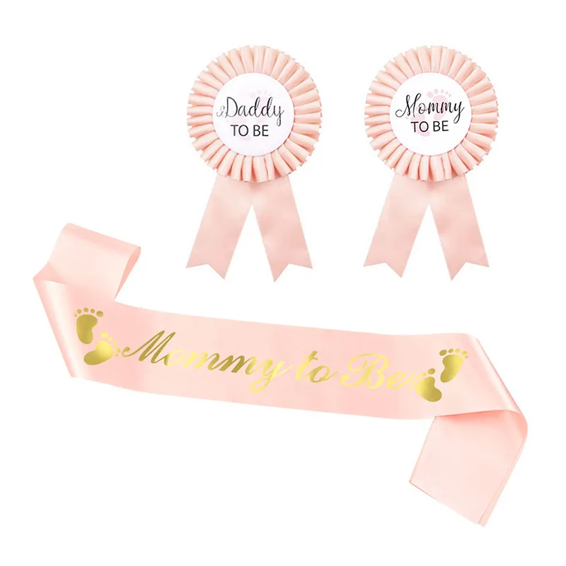 Mommy To Be Sash Daddy To Be Badge Blue Pink Baby Shower Footprint Satin Sashes for Mon Dad Baby Gender Reveal Party Decoration