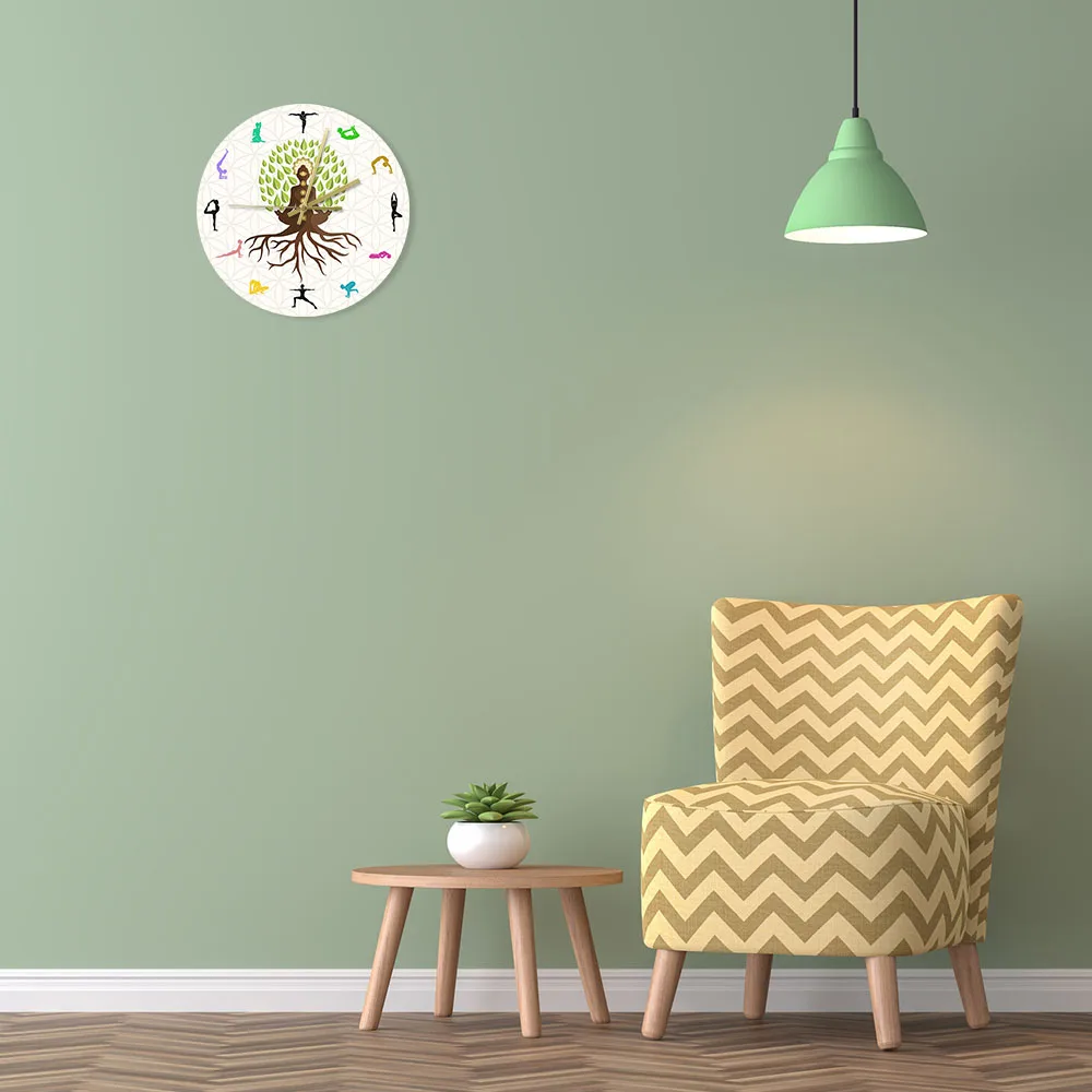 Yoga Studio Tree Of Life Colorful Wall Watch Clock  Natural Energy For Meditation Silent Horloge Klok Lotus Pose Tree Watch