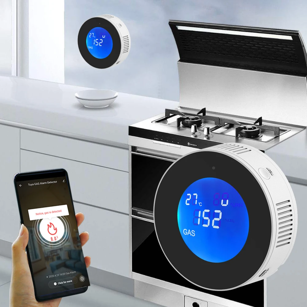 Tuya Wifi Smart LPG Natural Gas Alarm Combustible Gas Leak Detector LCD Display Smart Life App Message Push Auto Close Valve