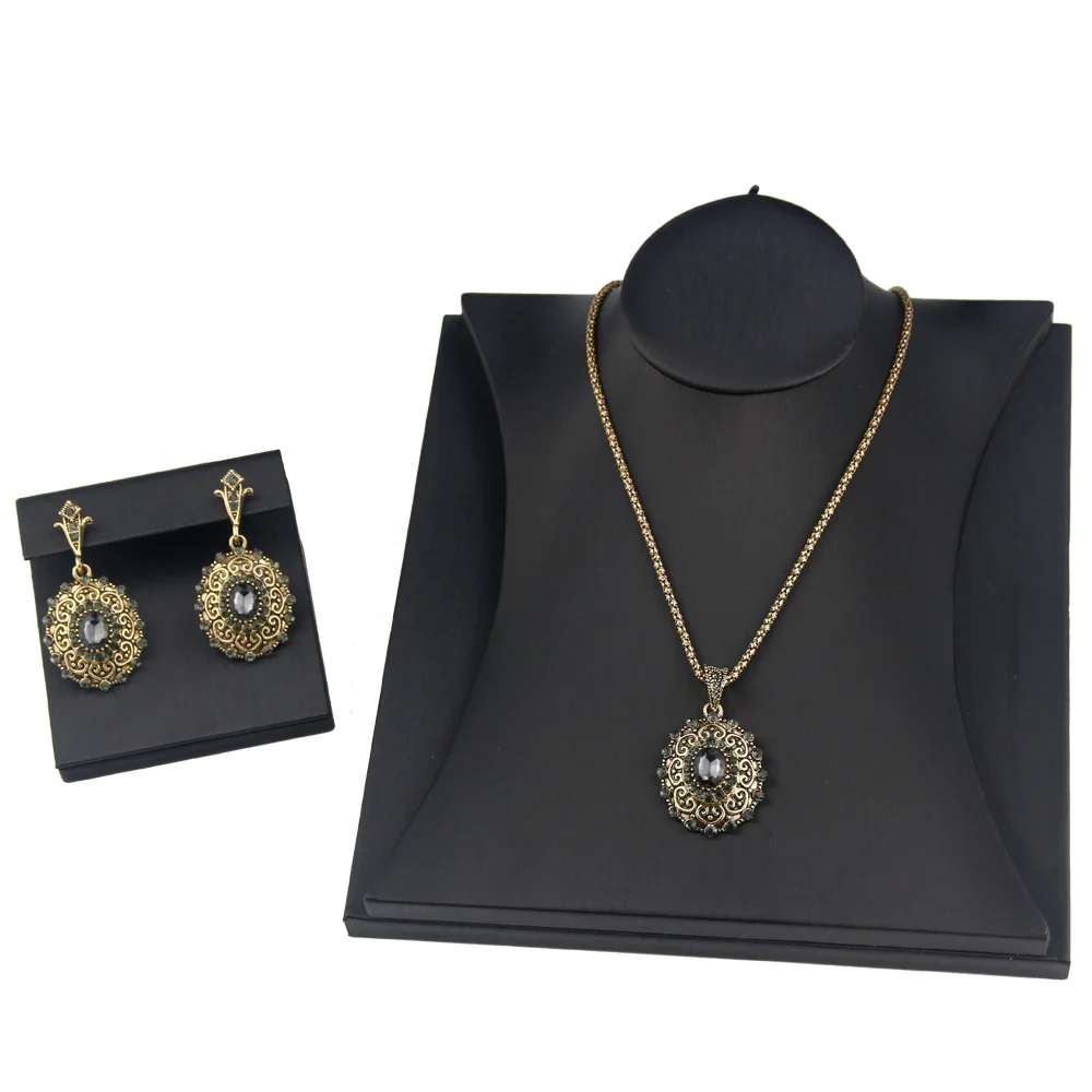 Sunspicems Retro Vintage Bohemia Women Jewelry Sets Antique Gold Color Gray Crystal Drop Earring Necklace Turkish Bijoux Gift