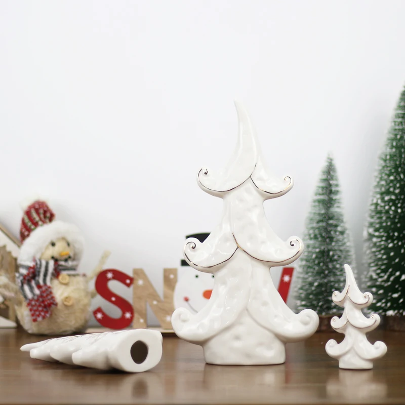 New Arrival Cream White Porcelain Tree Figurines Ceramic Xmas Home Decoration Gold Plating Ornament Christmas Tree Statues