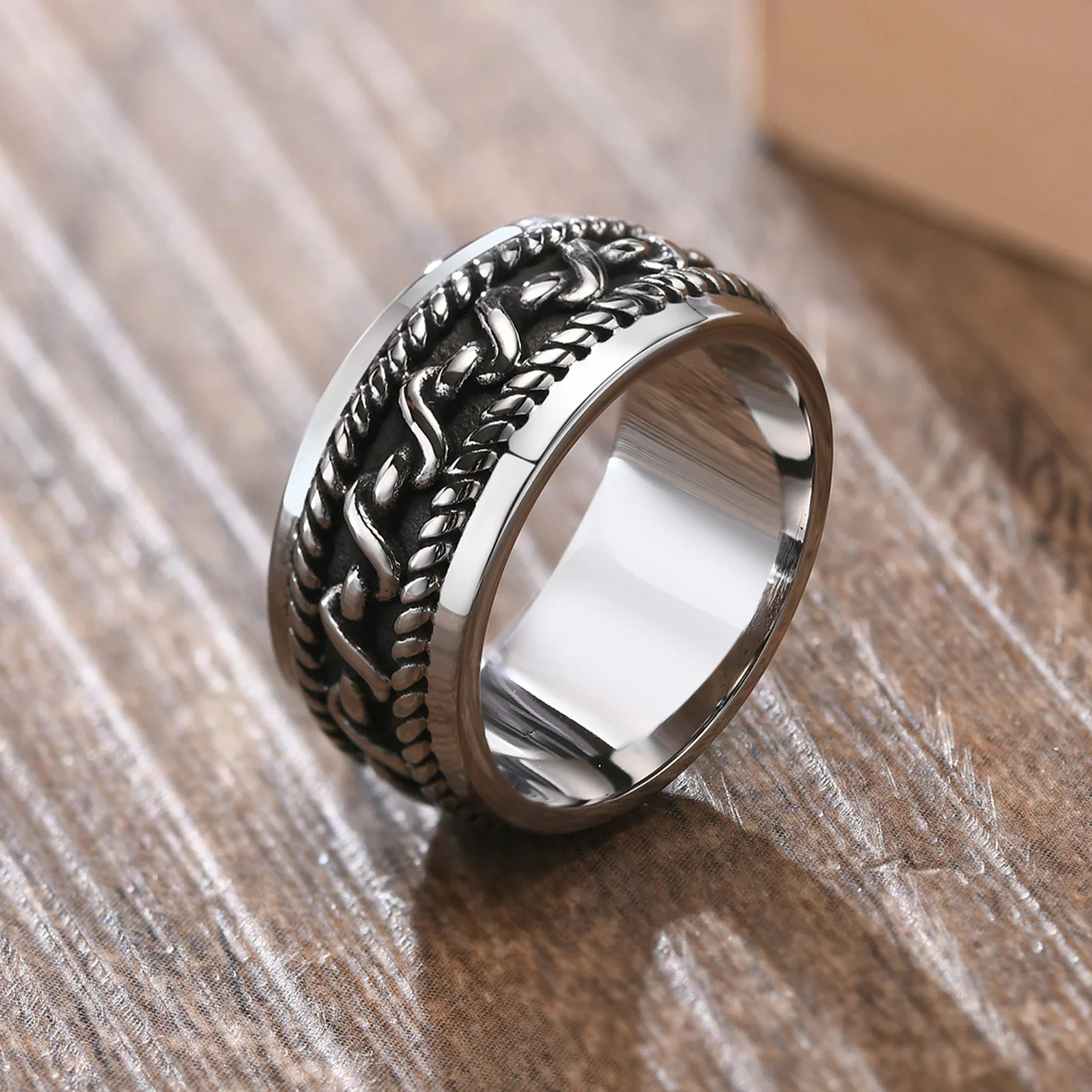 Vintage Ring Man, Stainless Steel Twisted Rope Design Textured Pattern Ring, Men\'s Jewelry